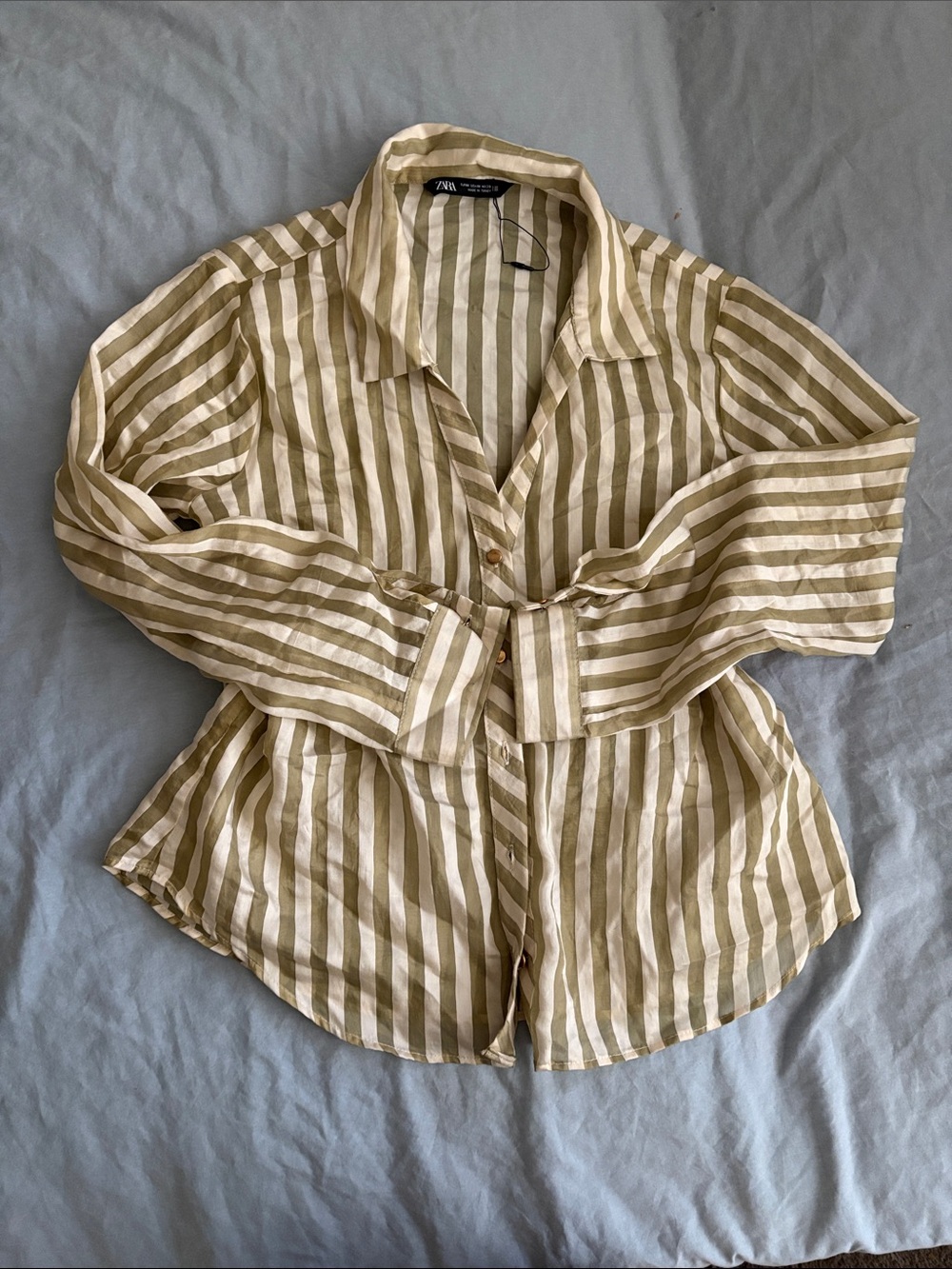 Zara Cream and White Vertical Stripe Button-Down Shirt